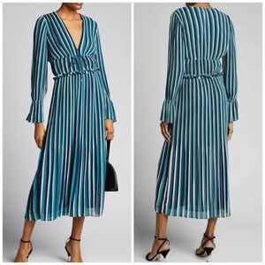 Ramy Brook Printed Hazel Striped Ruffle Long Sleeve Midi Dress Size 0 Blue Party